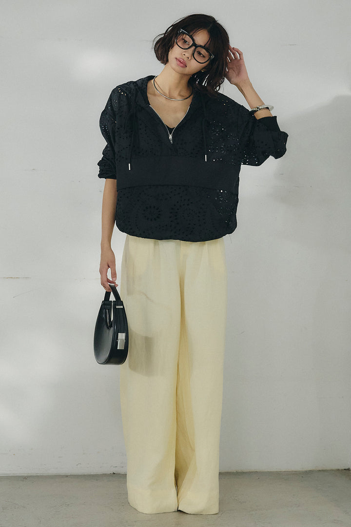 [SET]レースハーフジップアップフーディー+リネン混タックストレートワイドパンツ(2set)