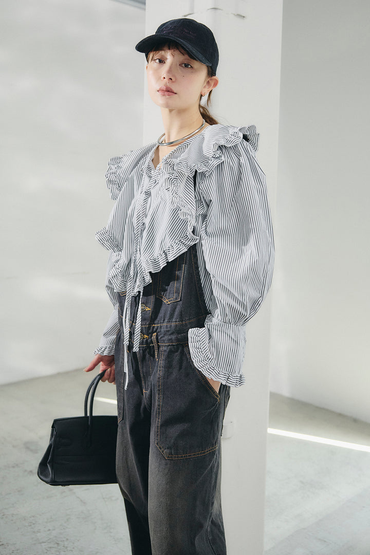[SET]コットンフリルブラウス+デニムサロペットワイドパンツ(2set)