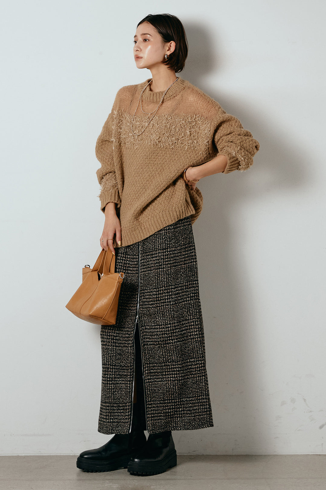 [SET]パターンランダム編みニットトップス+グレンチェック柄フロントジップタイトスカート(2set)