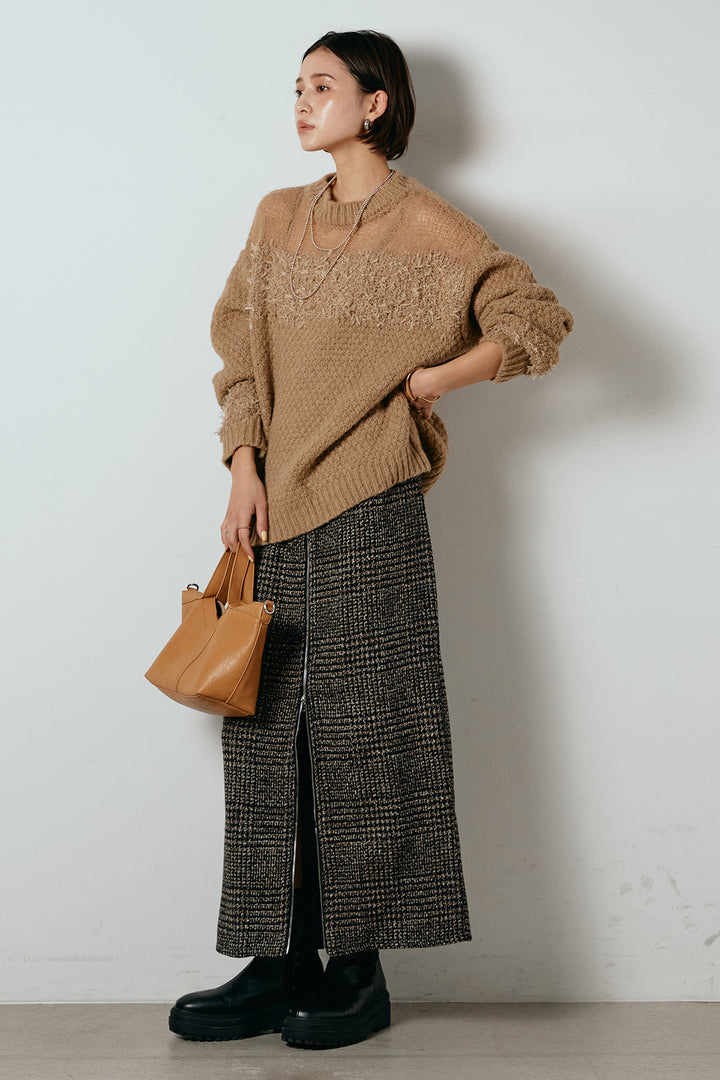 [SET]パターンランダム編みニットトップス+グレンチェック柄フロントジップタイトスカート(2set)