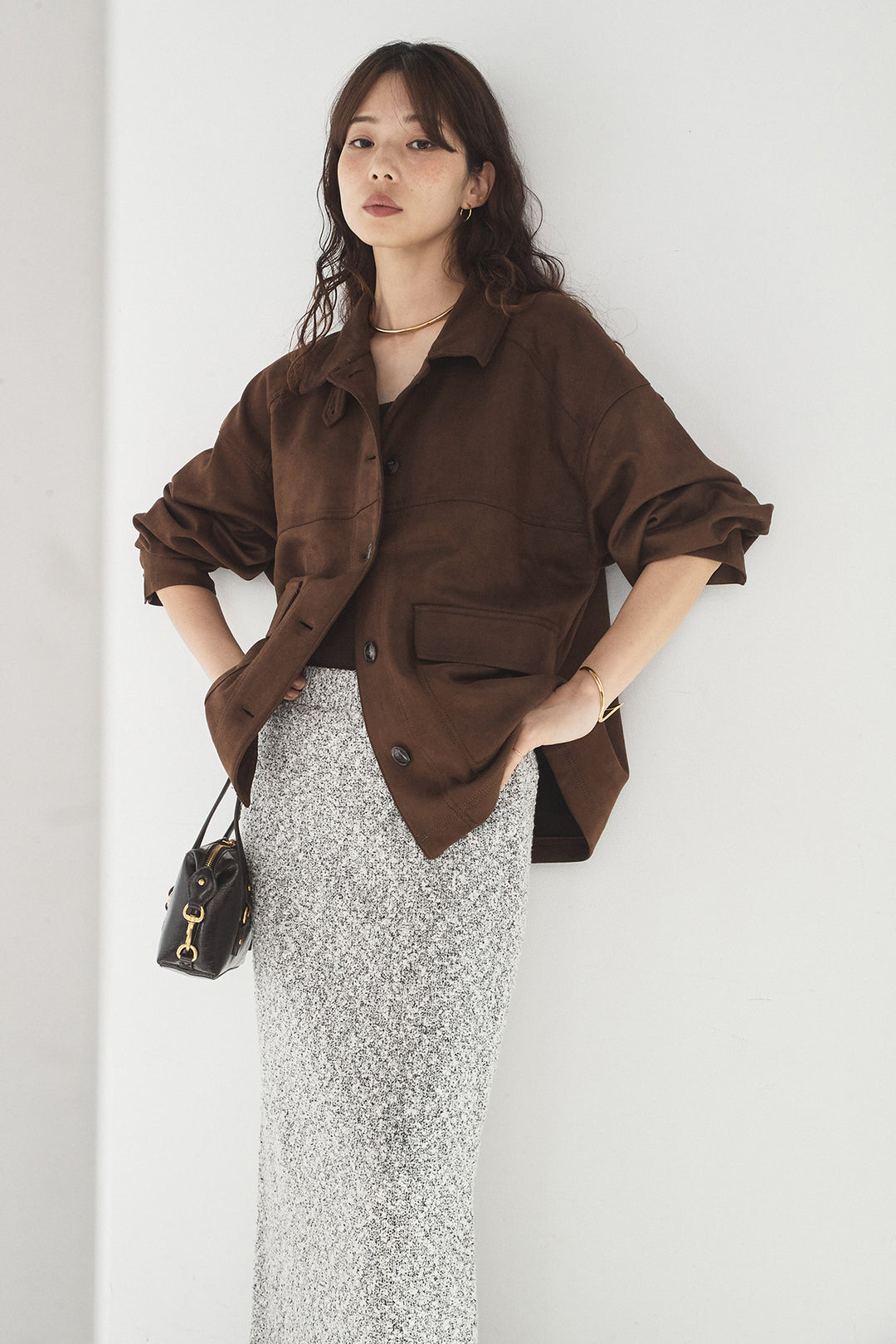 [SET]デカポケスエポンジャケット+ツイード風MIXスラブスカート(2set)