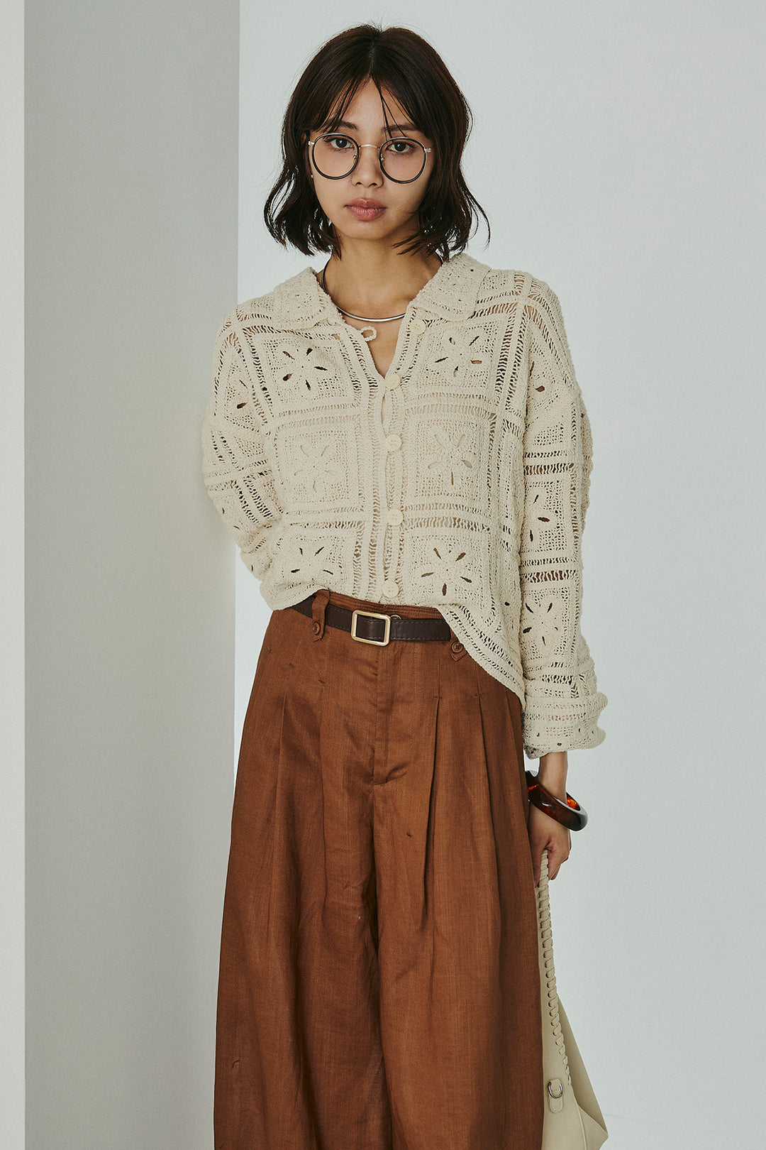 [SET]鍵編みフラワーレースカーディガン+タック入りワイドパンツ(2set)