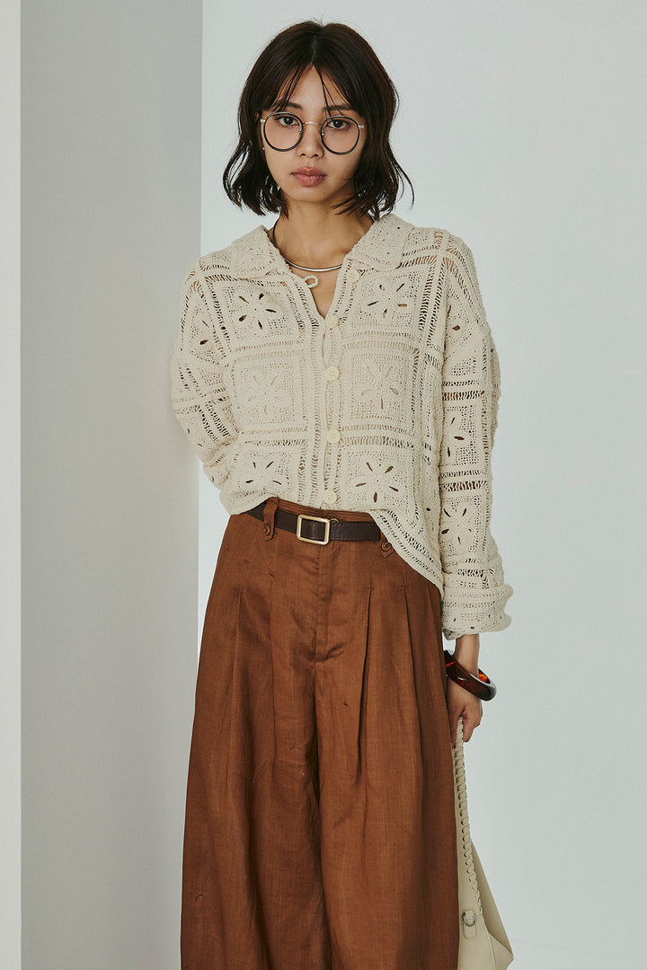 [SET]鍵編みフラワーレースカーディガン+タック入りワイドパンツ(2set)