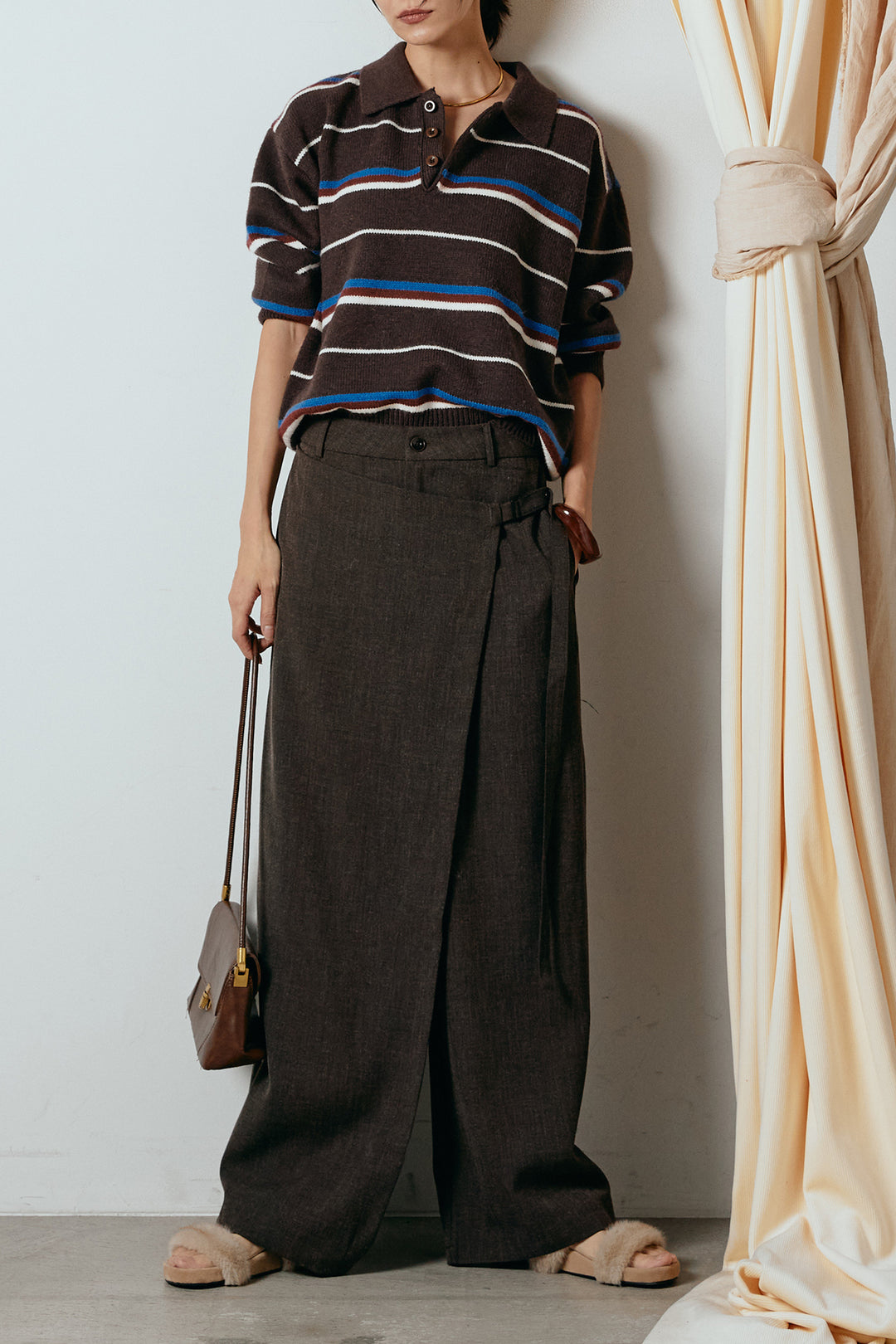 [SET]襟付きマルチボーダーニットポロトップス+ラップ巻きワイドスラックス(2set)