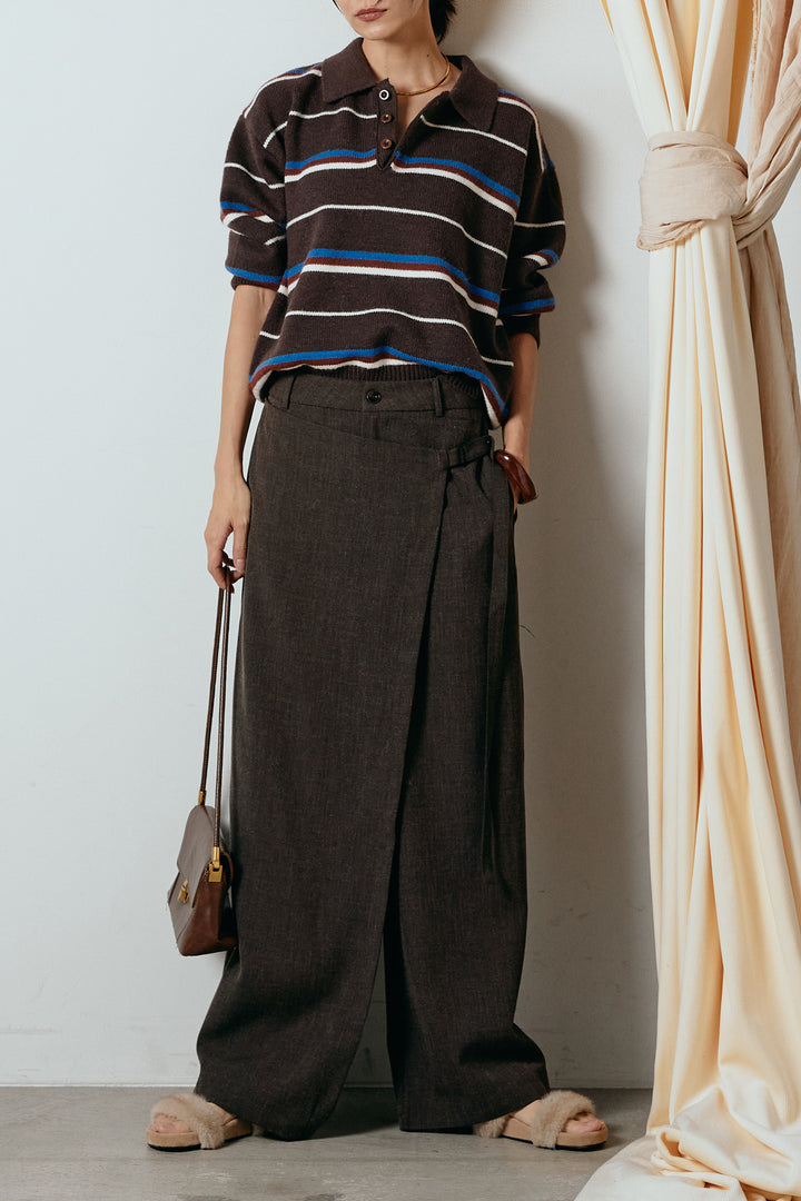 [SET]襟付きマルチボーダーニットポロトップス+ラップ巻きワイドスラックス(2set)