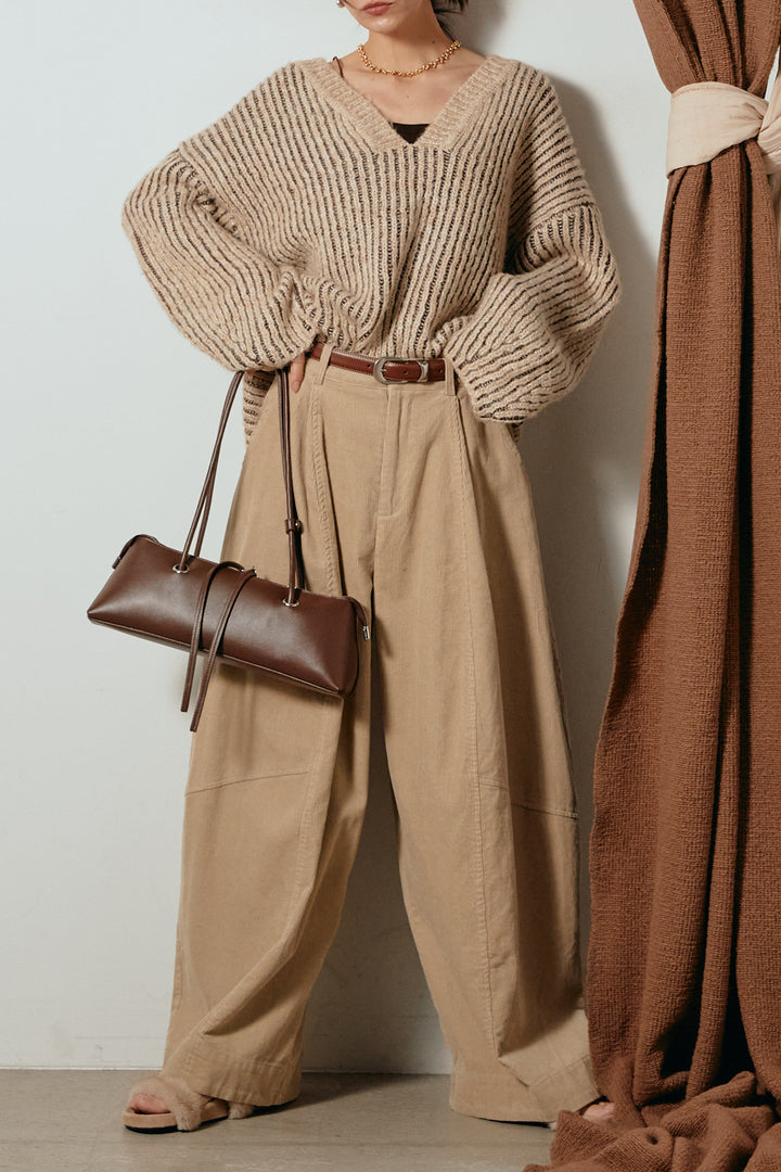 [SET]アルパカタッチ深Vニットトップス+タック入りコーデュロイワイドパンツ(2set)