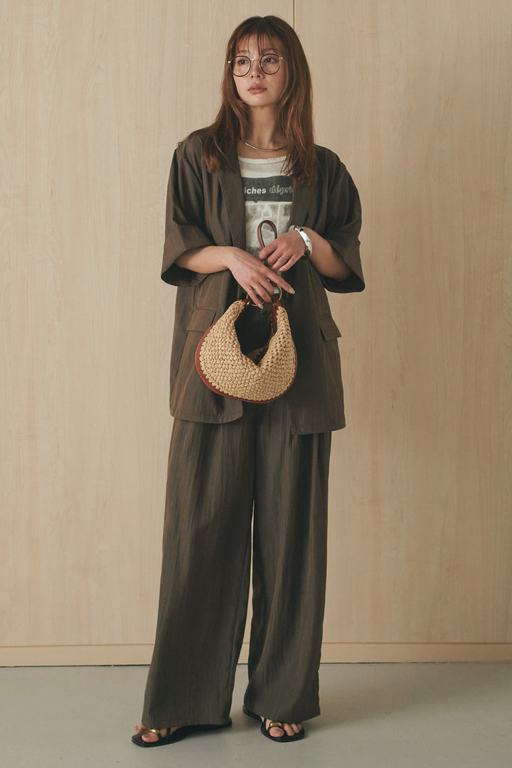 [SET]半袖モノトーングラフィックトップス+リネンライク2タックワイドパンツ(2set)