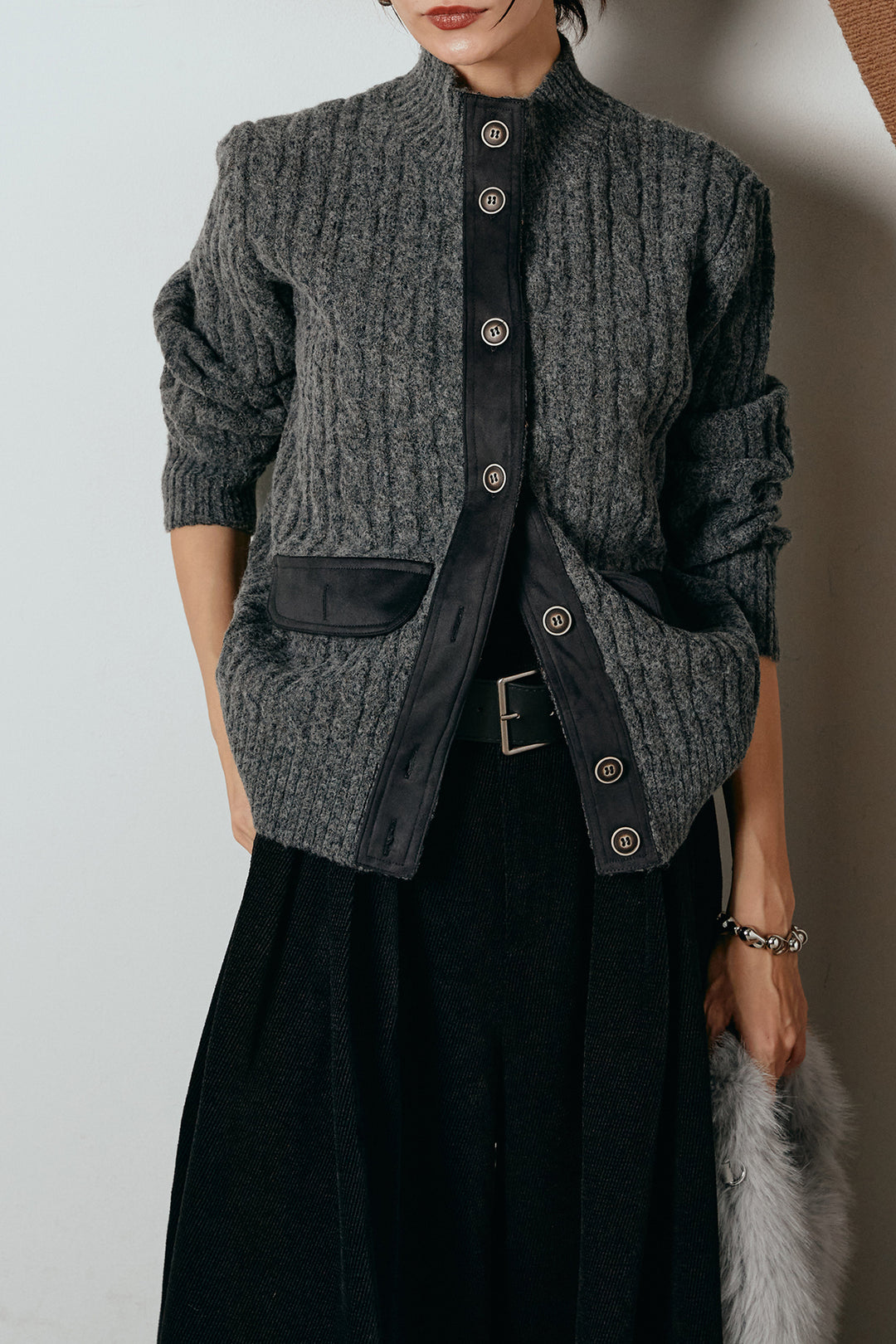 [SET]ボトルネックケーブルニットカーディガン+ベルトループコーデュロイワイドパンツ(2set)