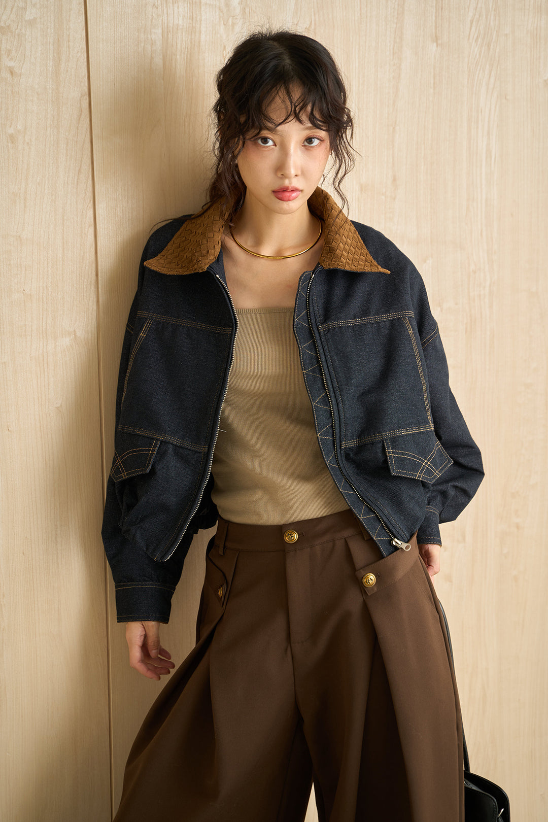 [SET]配色ステッチデニムバルーンブルゾン+サイドボタンタックバレルカーブパンツ(2set)