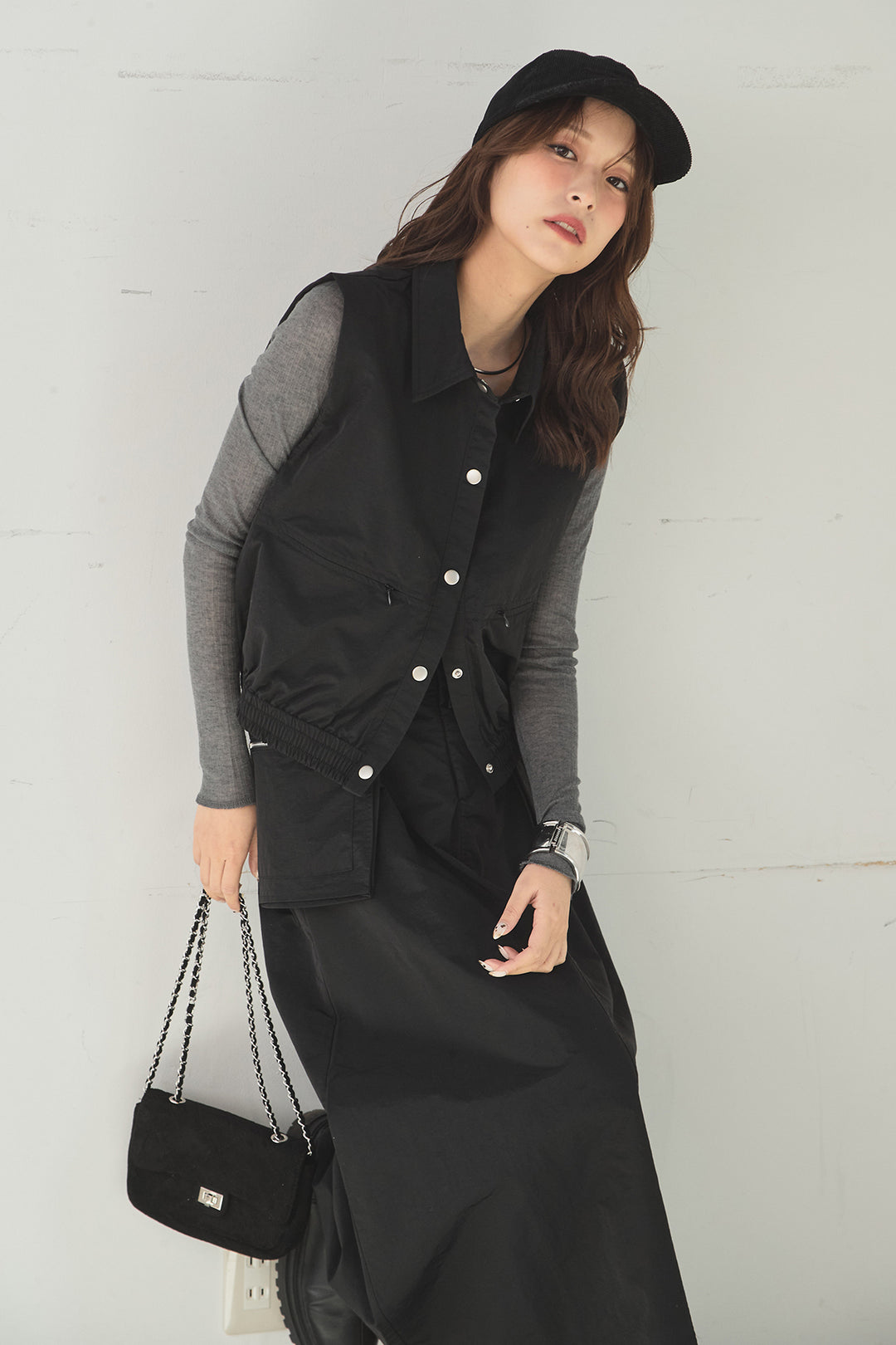 [SET]襟付きナイロンベスト+サイドデザインナイロンスカート(2set)