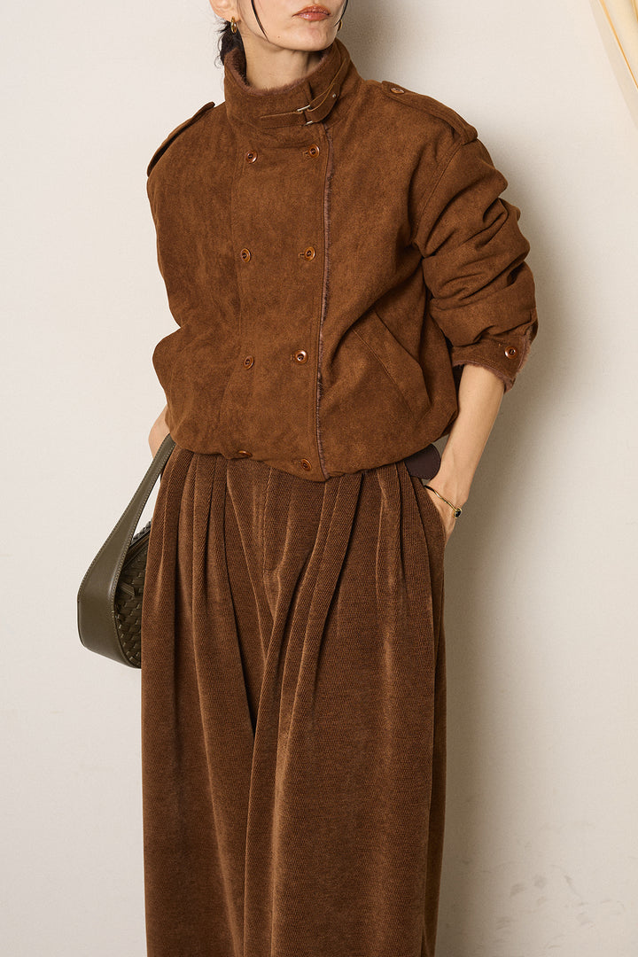 [SET]スタンド襟スウェードライクアウター+ベルトループコーデュロイワイドパンツ(2set)