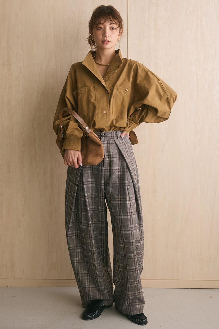 [SET]ワイドシルエットポケット付きシャツ+ブリティッシュチェックバレルパンツ(2set)