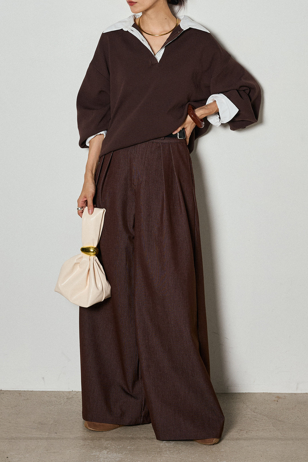 【即納】ウエストベルト付きタックワイドパンツ