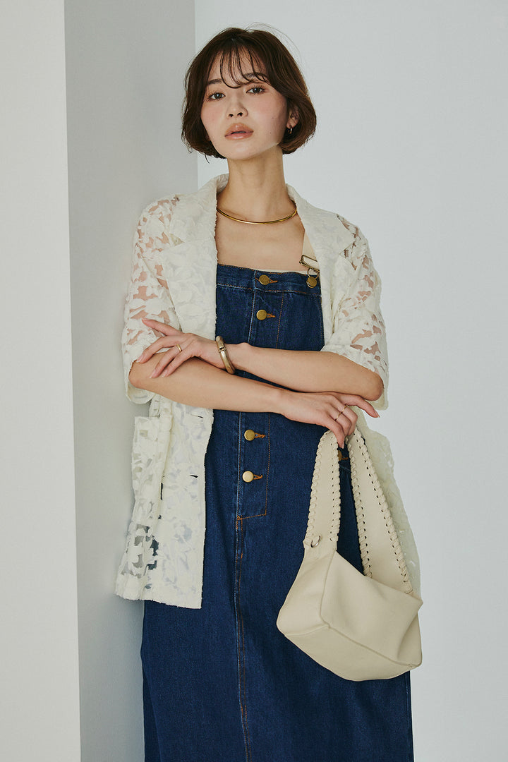 [SET]シアージャガードハーフスリーブテーラードジャケット+配色ショルダーデニムサロペットスカート(2set)