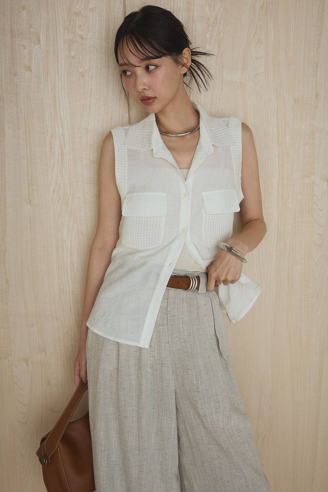 [SET]襟付きノースリポケットシャツ+リネン混紐付きワンタックワイドパンツ(2set)