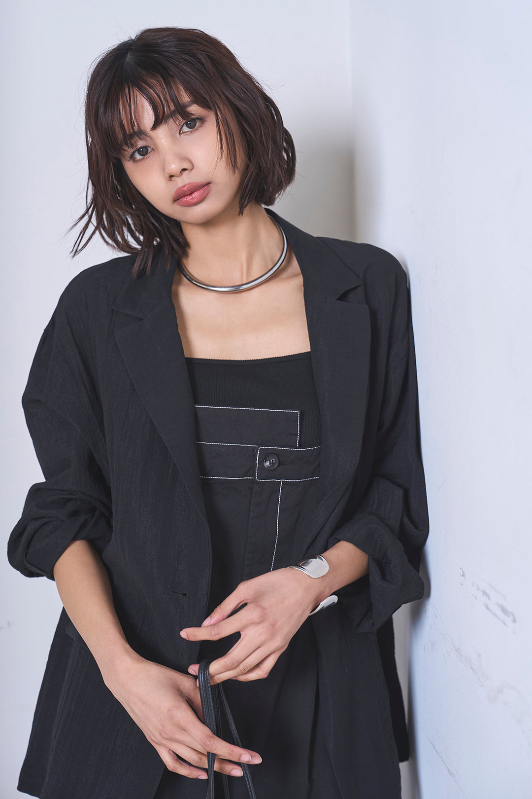 [SET]リネンブレンドテーラードシアージャケット+綿ツイルアシメサロペット(2set)