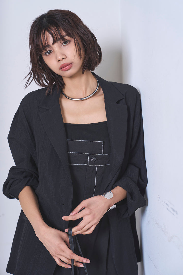 [SET]リネンブレンドテーラードシアージャケット+綿ツイルアシメサロペット(2set)