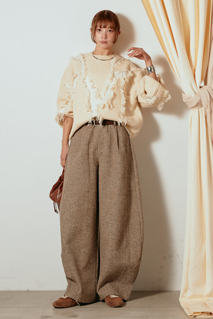 [SET]シャギージャガードニットトップス+ベルト付きネップツイードカーブパンツ(2set)