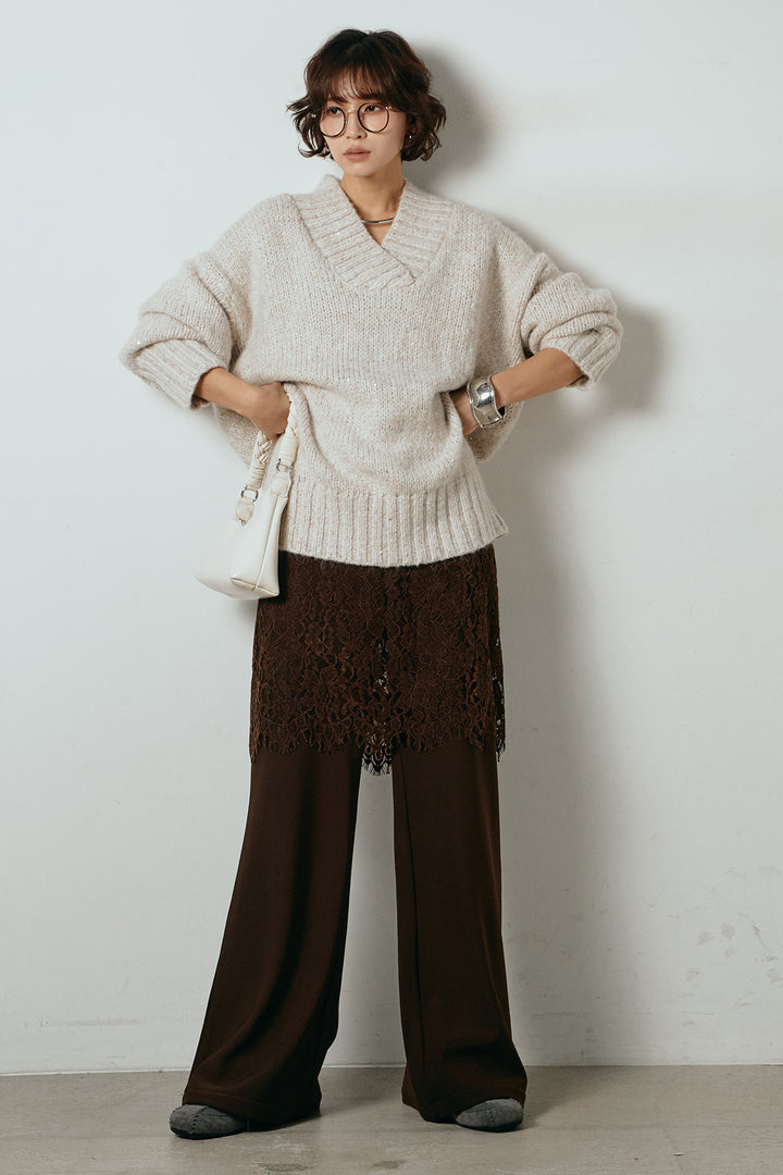 [SET]Vネックラメニットトップス+レース刺繍レイヤードフレアパンツ(2set)