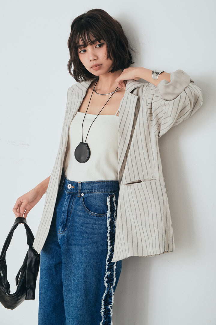 [SET]リネンライクストライプテーラードジャケット+デニムサイドフリルパンツ(2set)