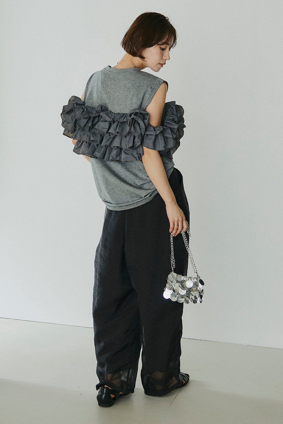 [SET]天竺ナイロンドッキングビスチェ風トップス+オーガンジータックパンツ(2set)