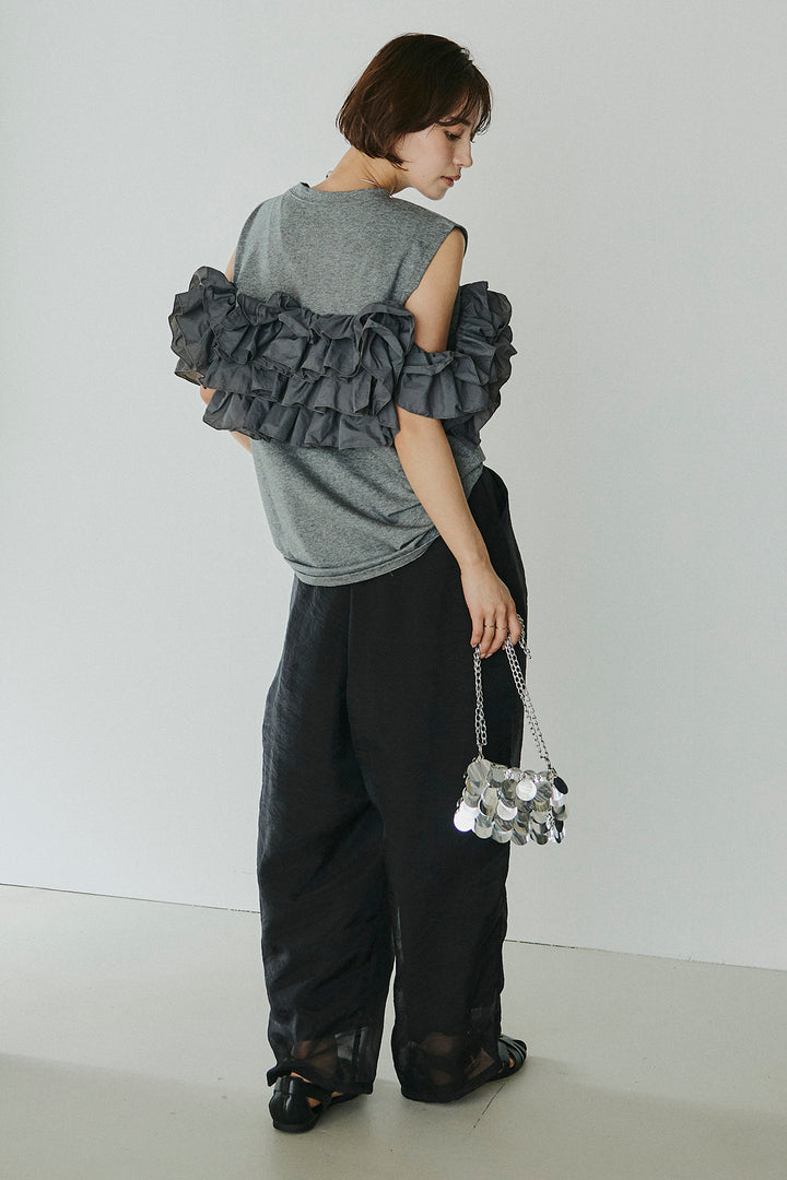 [SET]天竺ナイロンドッキングビスチェ風トップス+オーガンジータックパンツ(2set)