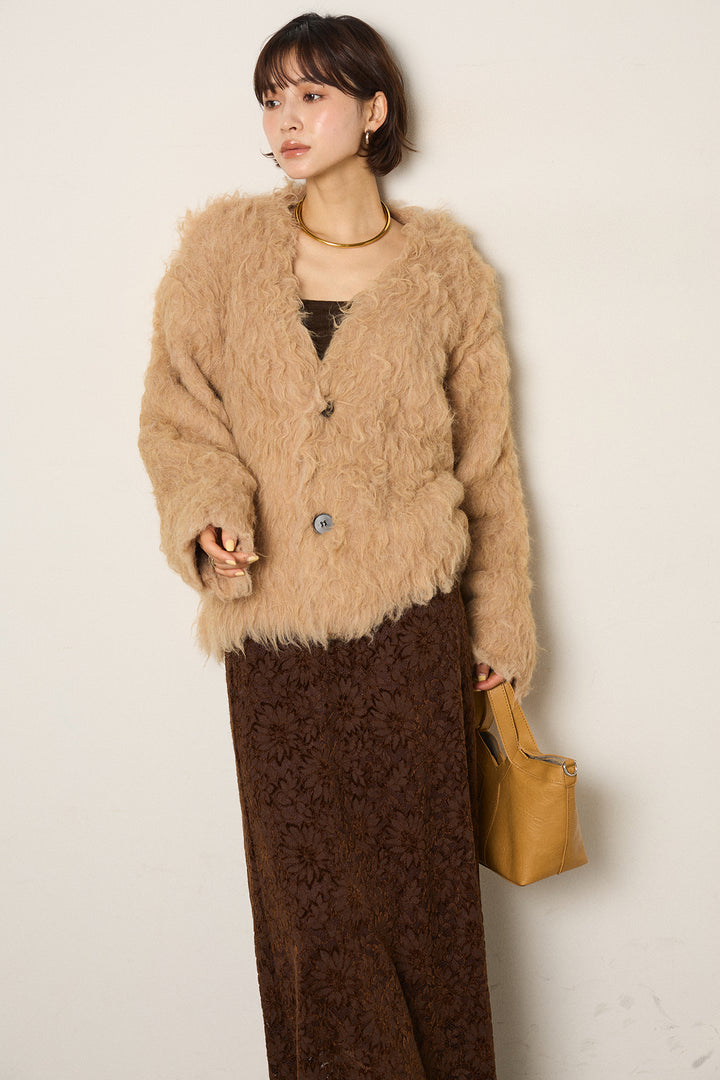 [SET]起毛シャギーニットカーディガン+花柄刺繍ベロアフレアスカート(2set)