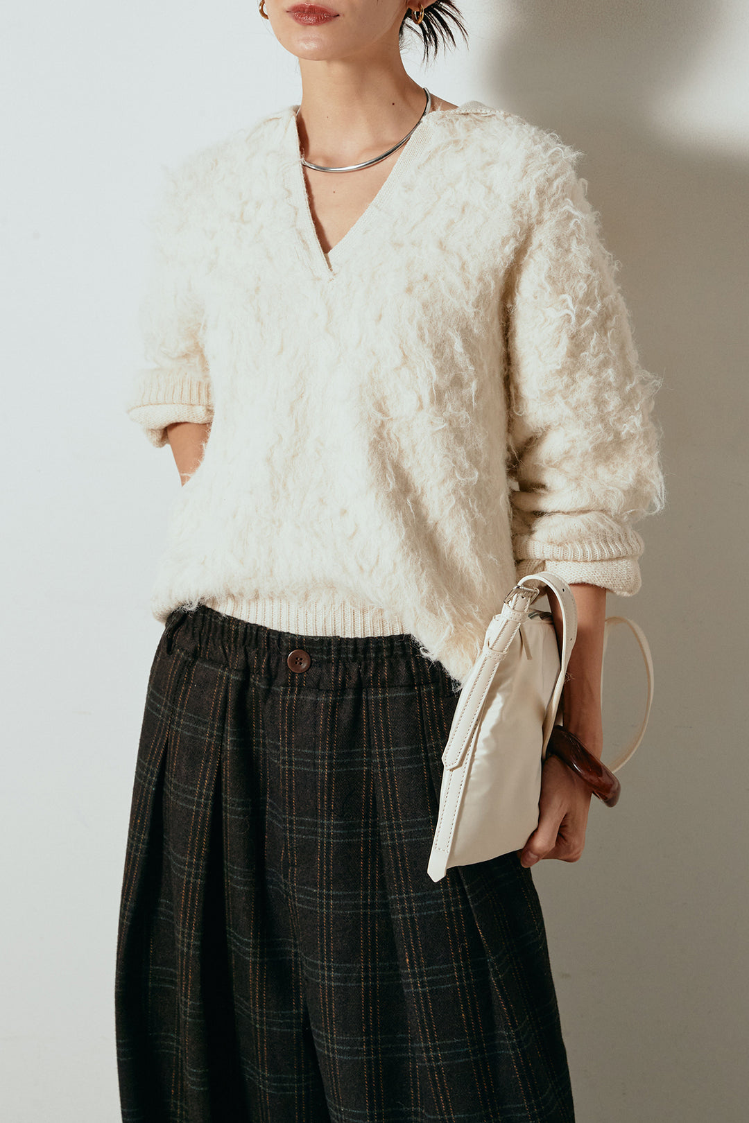 [SET]襟付きシャギーニットポロトップス+タータンチェック柄タックパンツ(2set)