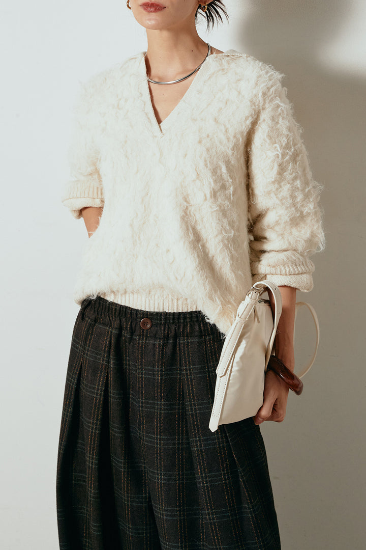 [SET]襟付きシャギーニットポロトップス+タータンチェック柄タックパンツ(2set)