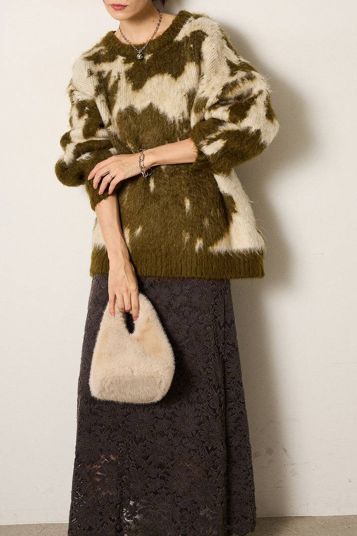 [SET]モヘアタッチマーブルニット+花柄刺繍ベロアフレアスカート(2set)