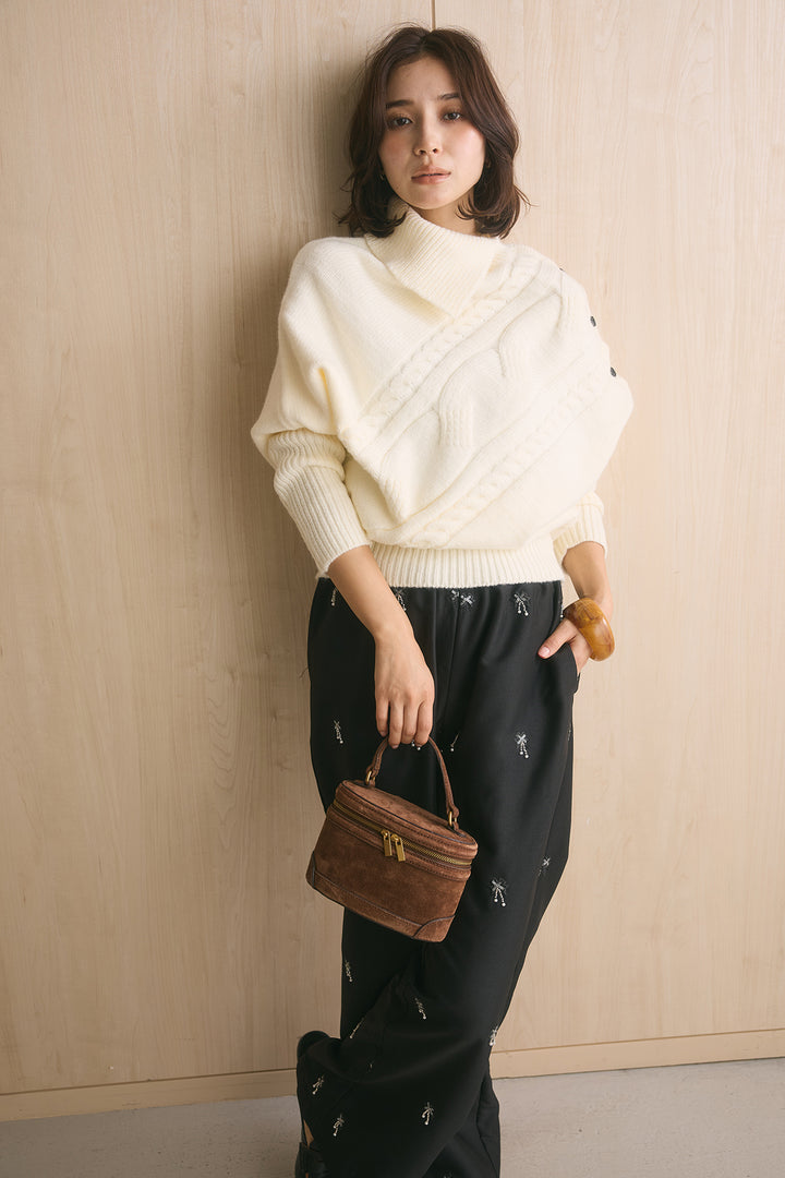 [SET]アシメカラーボタンケーブルニット+総ビーズ刺繍パンツ(2set)
