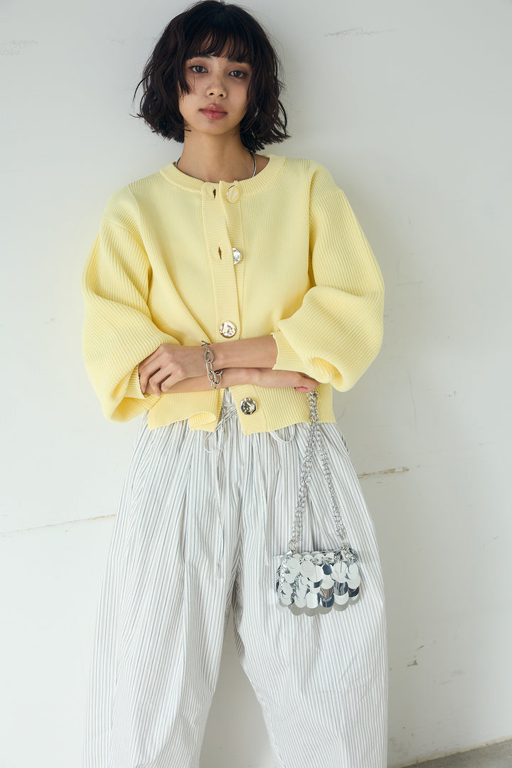 [SET]スポンディッシュBIGボタンクルーネックカーディガン+ランダムストライプタックギャザーパンツ(2set)