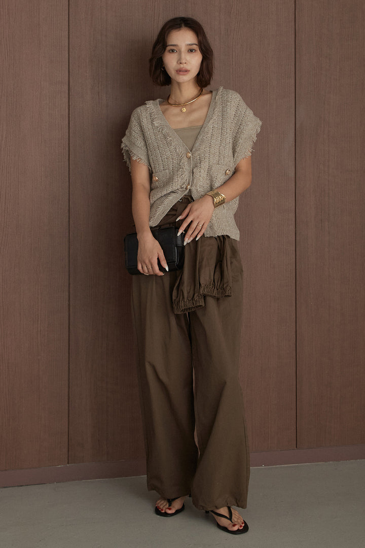 [SET]ツイード編みVネックフリンジニットベスト+合繊維ツイルウエスト巻きジョガーパンツ(2set)