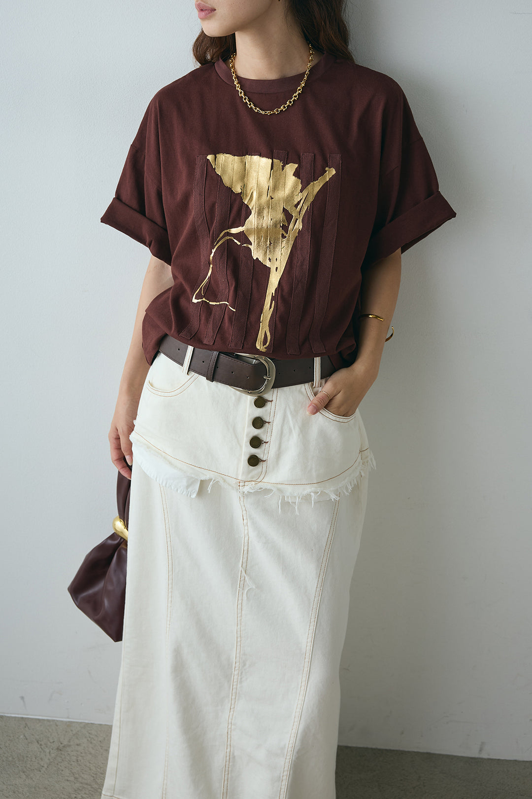 [SET]ニュアンス箔プリントTシャツ+レイヤードデザインワイドスカート(2set)