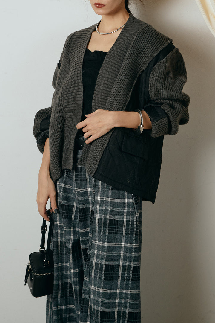 [SET]キルティング切り替えニットカーディガン+ベルト付きタータンチェックカーブワイドパンツ(2set)