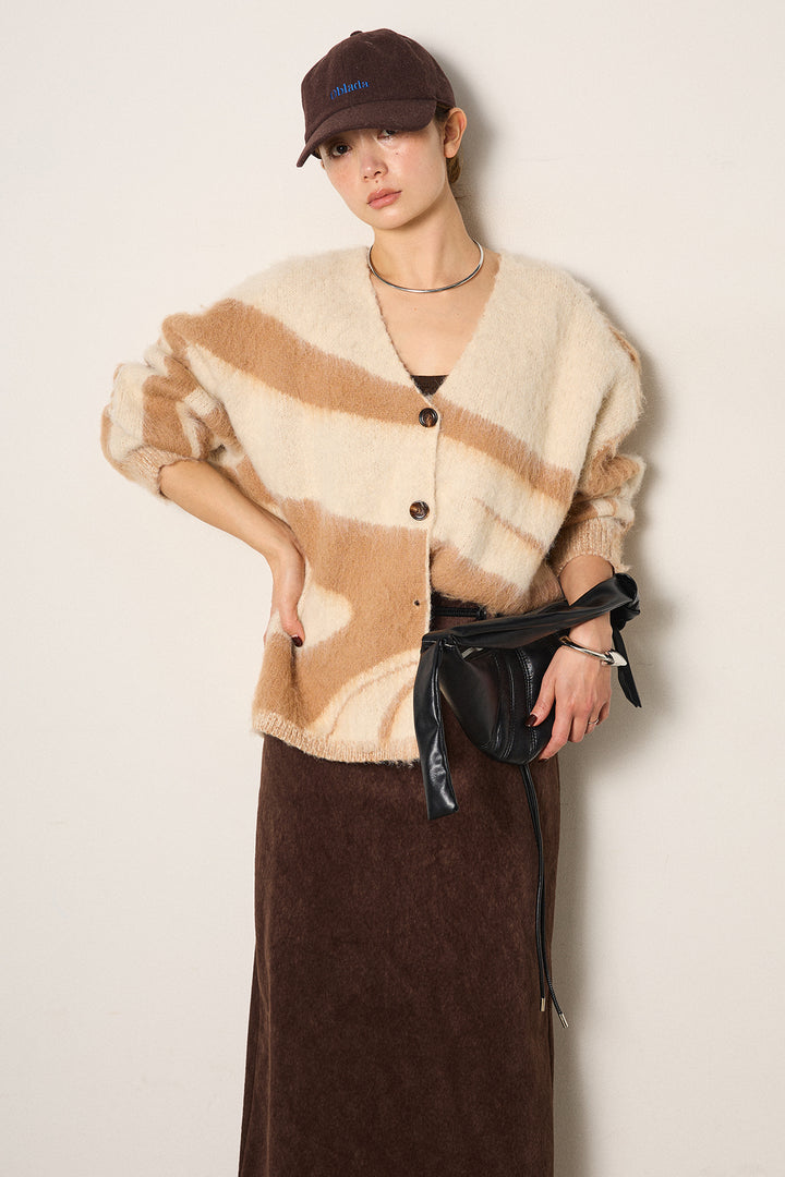 [SET]アクセントブラッシュドカーディガン+ロープベルト付きスウェード調スカート(2set)