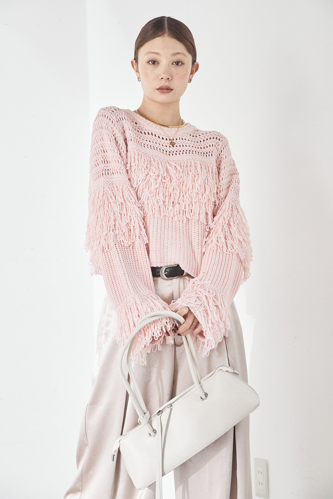 [SET]メッシュフリンジ切り替えプルオーバー+サテンタックワイドパンツ(2set)