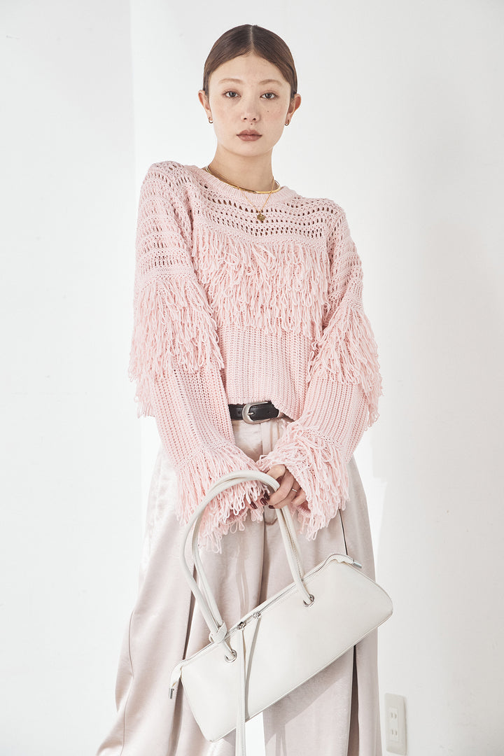 [SET]メッシュフリンジ切り替えプルオーバー+サテンタックワイドパンツ(2set)