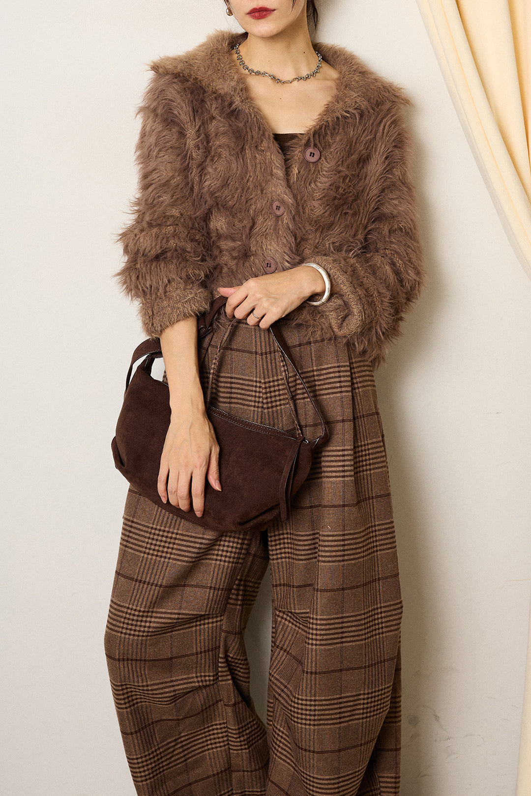 [SET]襟付きシャギーニットカーディガン+グレンチェックルーズタックパンツ(2set)