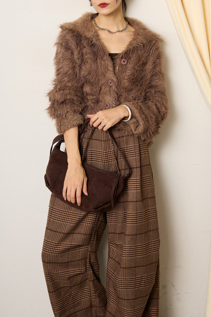 [SET]襟付きシャギーニットカーディガン+グレンチェックルーズタックパンツ(2set)