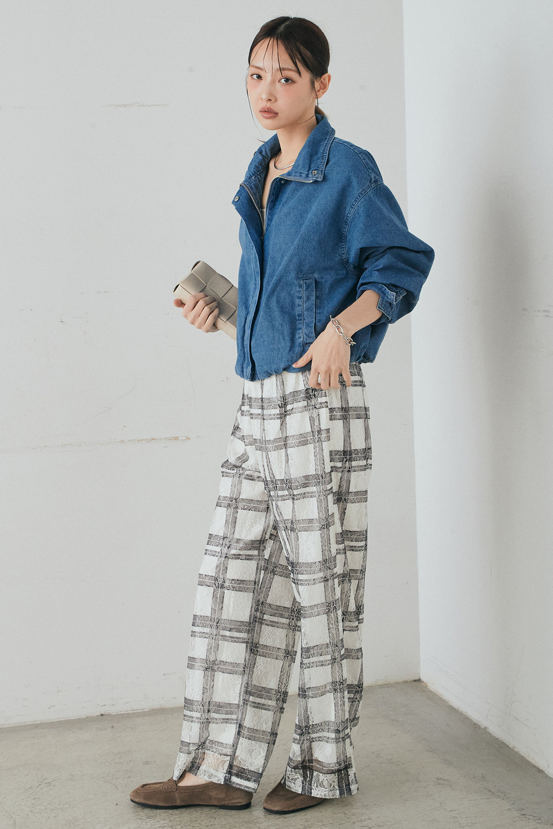 [SET]スタンドカラーデニムブルゾンジャケット+レースチェックワイドイージーパンツ(2set)