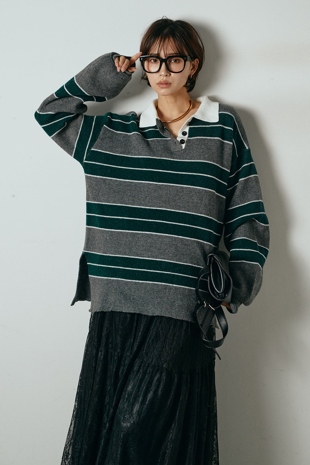 [SET]ラガーニットボーダーポロプルオーバー+ひげレース切替ロング丈スカート(2set)