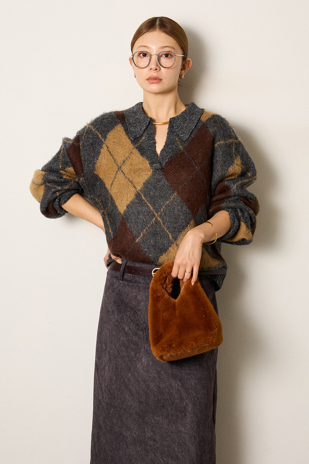 [SET]アクリルモヘアアーガイルキーネックプルオーバー+ロープベルト付きスウェード調スカート(2set)