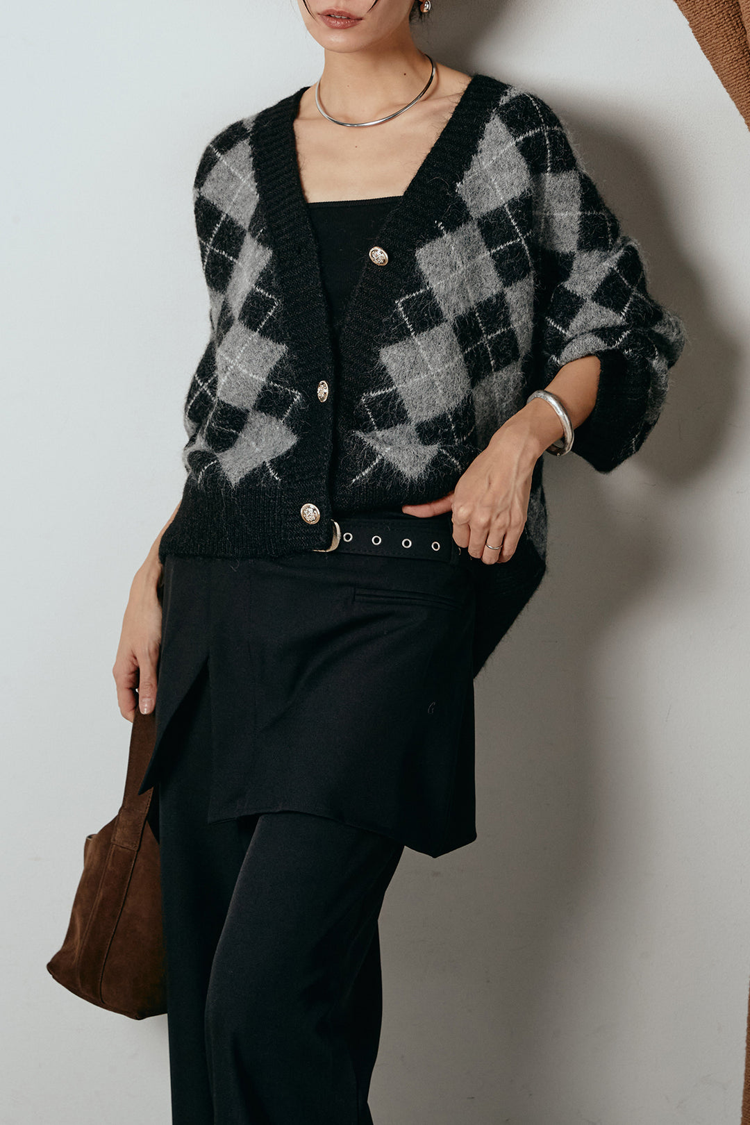 [SET]オーバーサイズ総柄Vネックニットカーディガン+ベルト付きウエストデザインパンツ(2set)