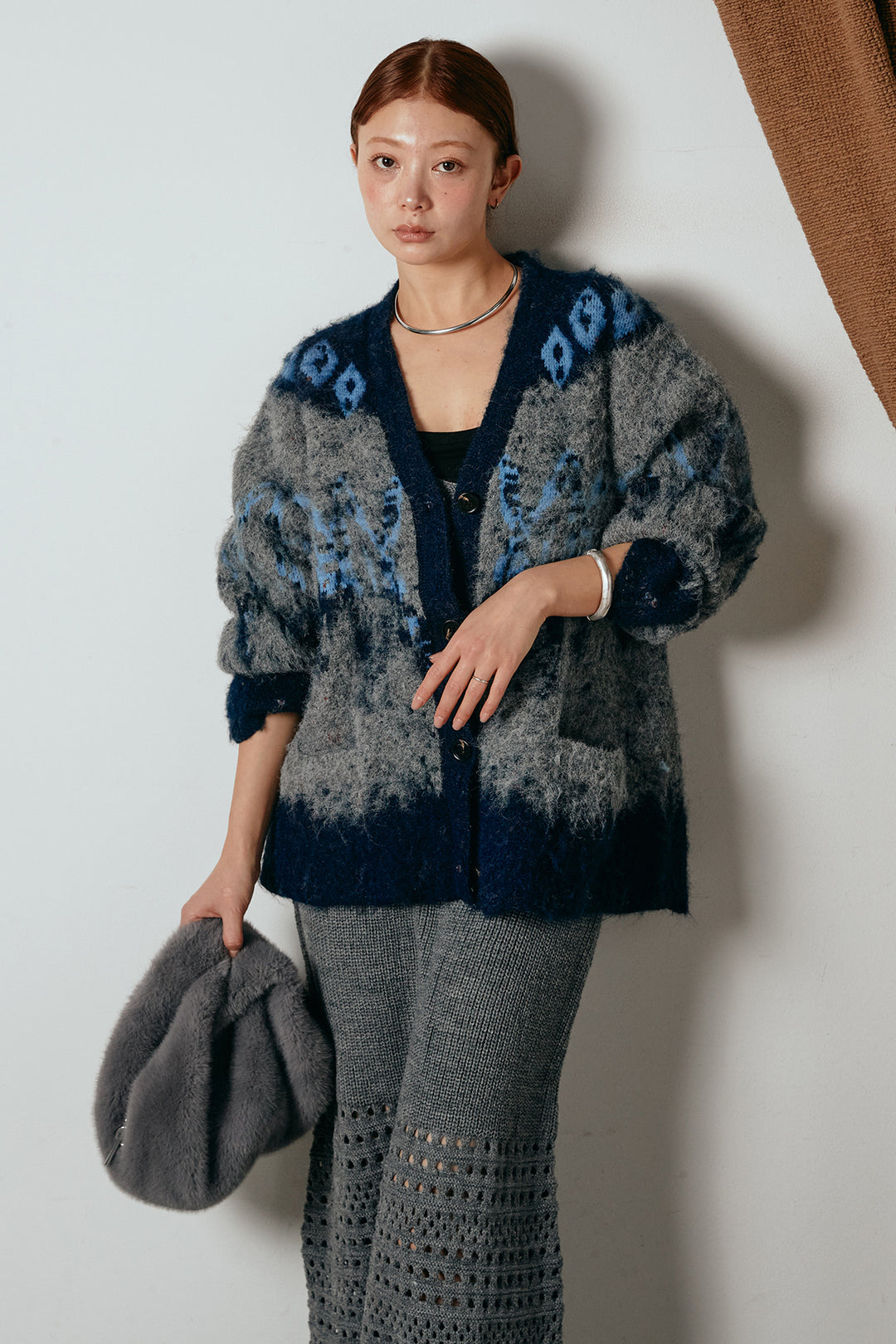 [SET]シャギーニュアンス柄ニットカーディガン+裾透かし編みキャミソールニットワンピース(2set)