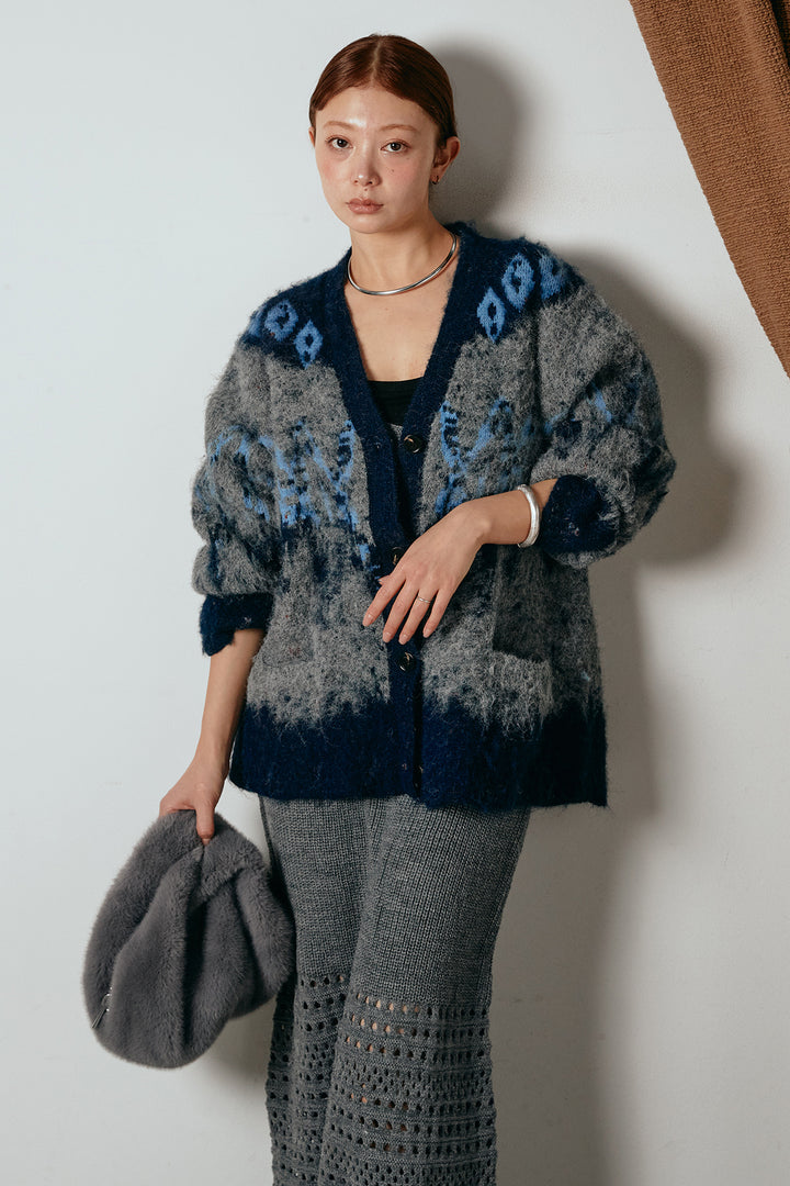 [SET]シャギーニュアンス柄ニットカーディガン+裾透かし編みキャミソールニットワンピース(2set)