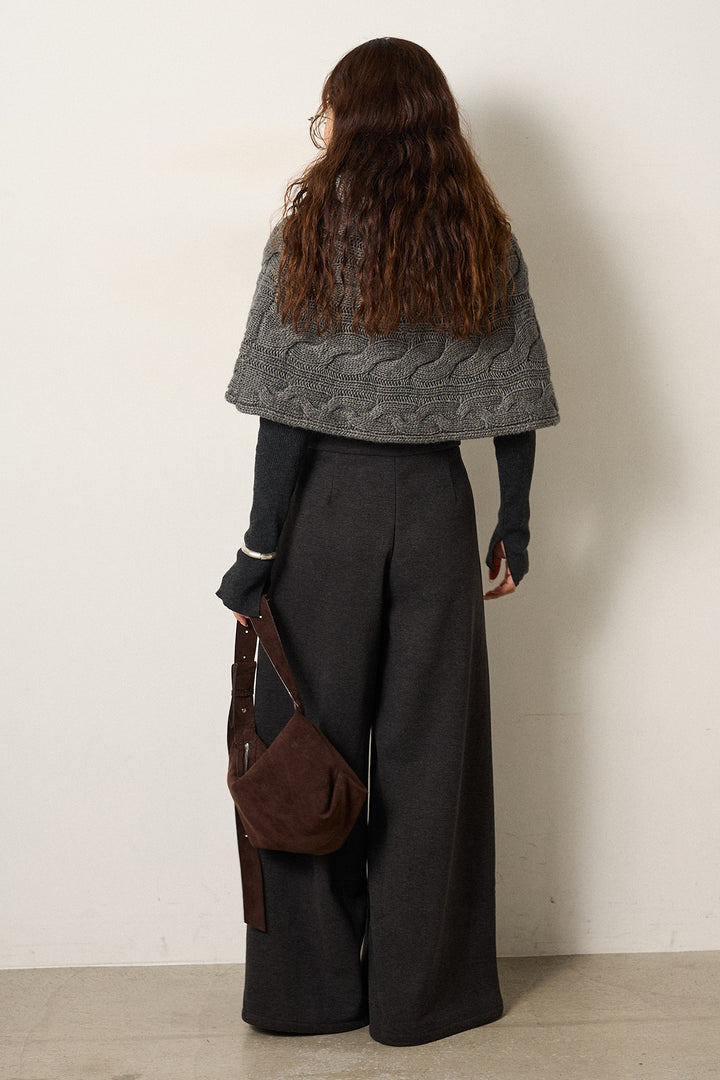 [SET]ケーブル編みケープレイヤードニット+サイドベルトパンツ(2set)