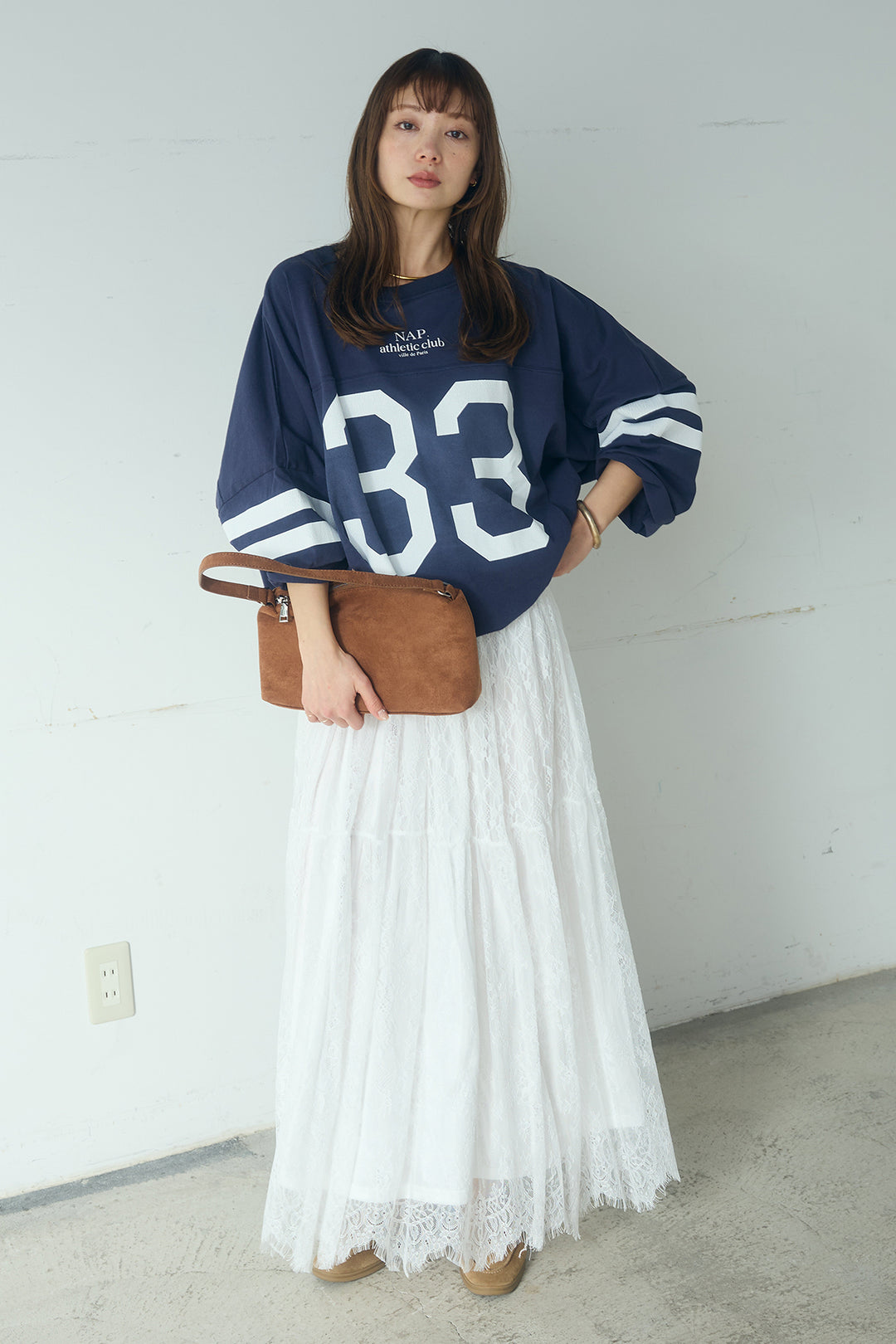 [SET]裾ドロストナンバービッグTシャツ+ひげレース切替ロング丈スカート(2set)