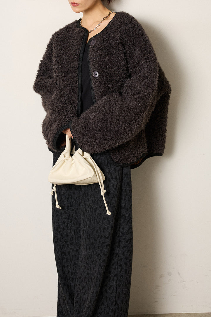 [SET]ノーカラー裏地レオパードボアアウター+レオパードジャガードニットパンツ(2set)