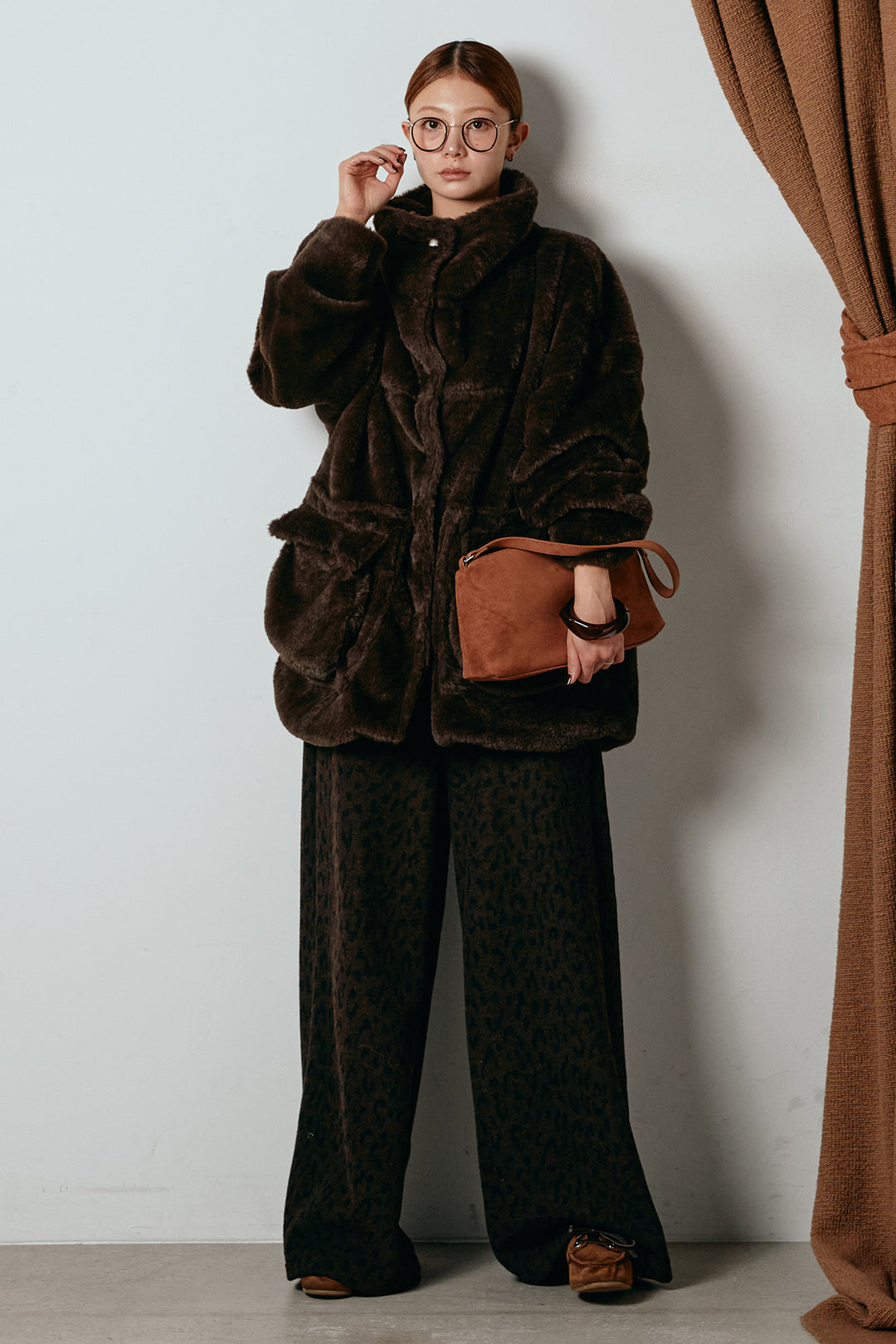 [SET]スタンドネックファーコート+レオパードジャガードニットパンツ(2set)